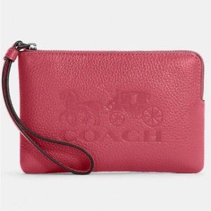 COACH Corner Zip Wristlet With Horse And Carriage Leather Strawberry Haze